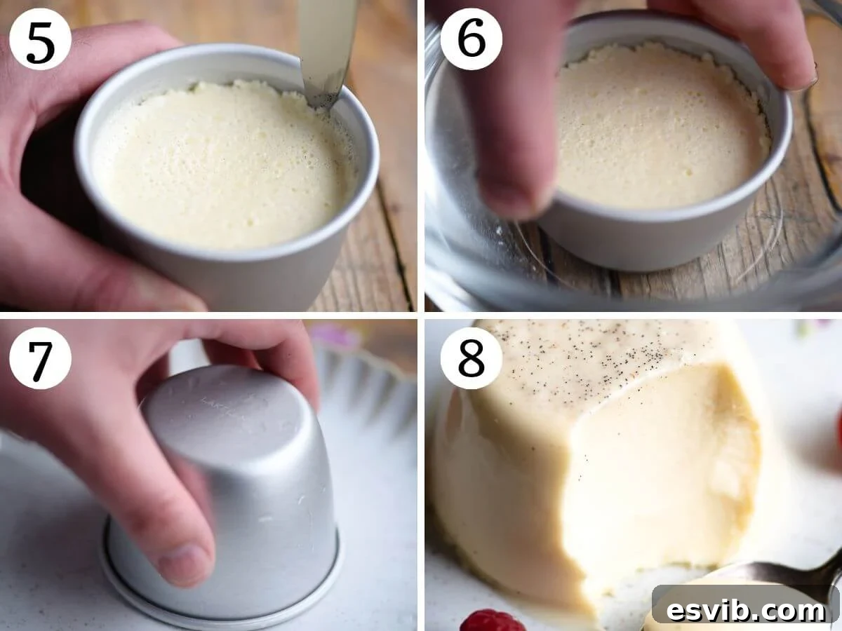 Four photos in a collage showing how to remove panna cotta from moulds.