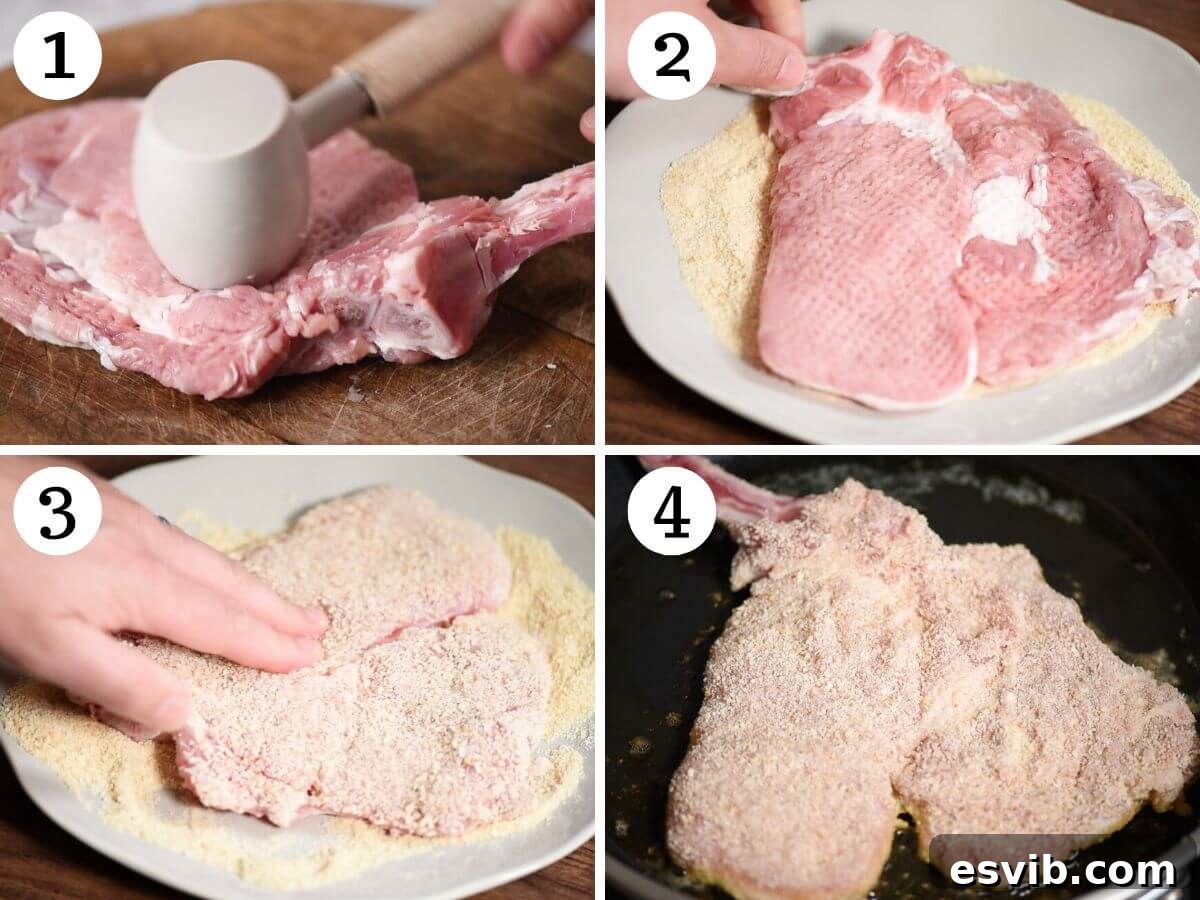 A four-photo collage illustrating the preparation steps for Veal Milanese: pounding the veal, then breading it thoroughly in fine breadcrumbs.
