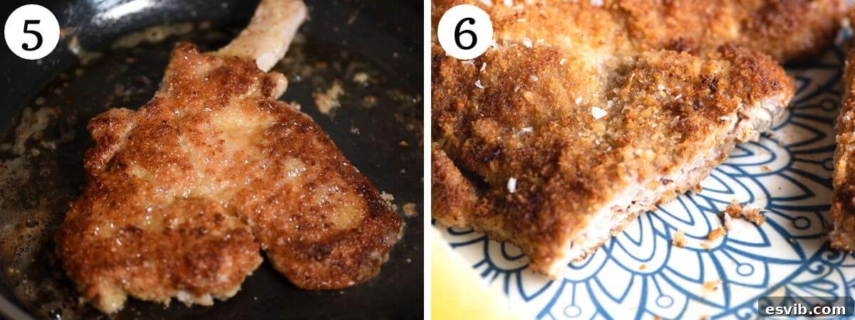 A two-photo collage showing the cooking process of Veal Milanese: frying in a pan until golden and crispy.