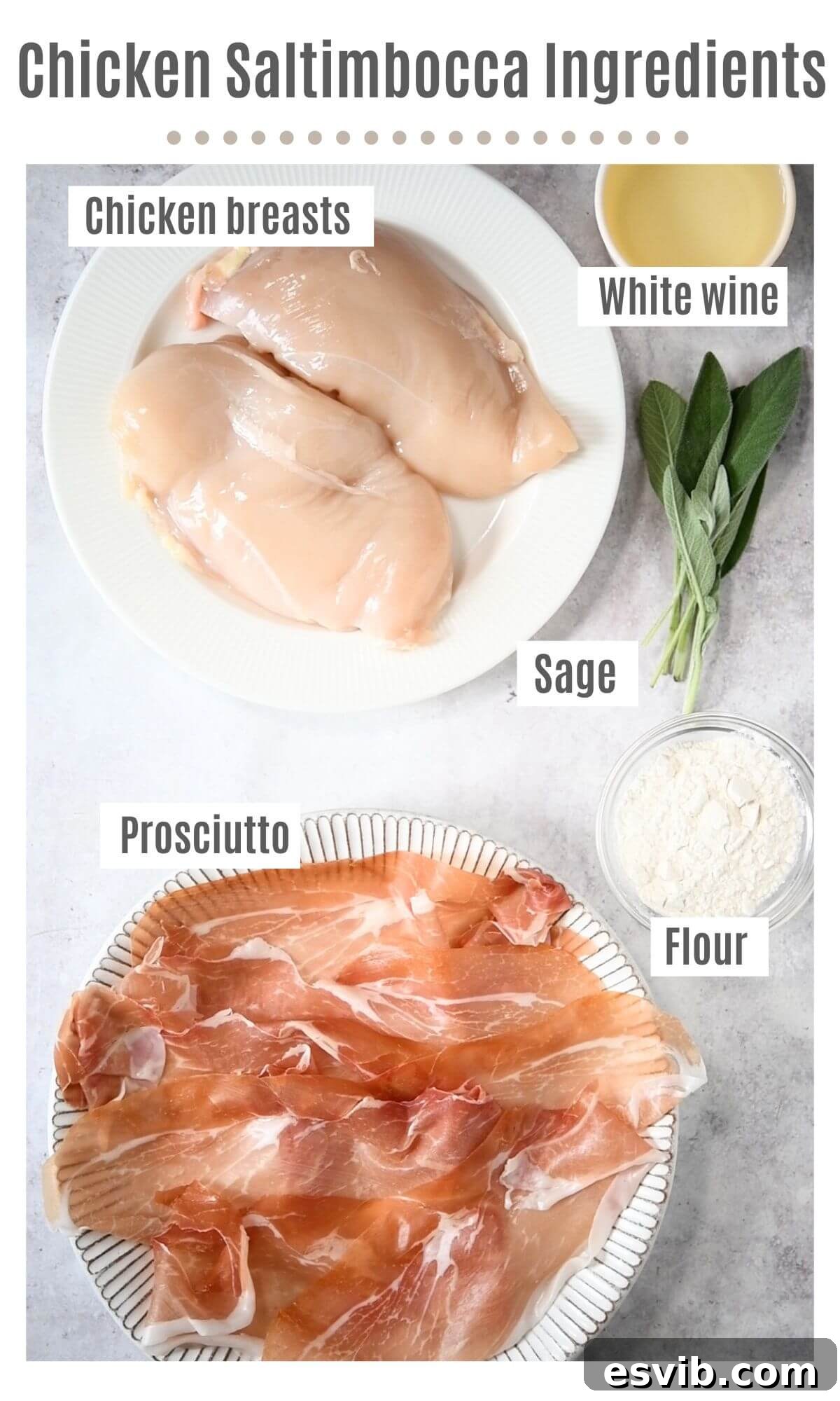 An overhead shot of all the ingredients needed to make chicken saltimbocca.