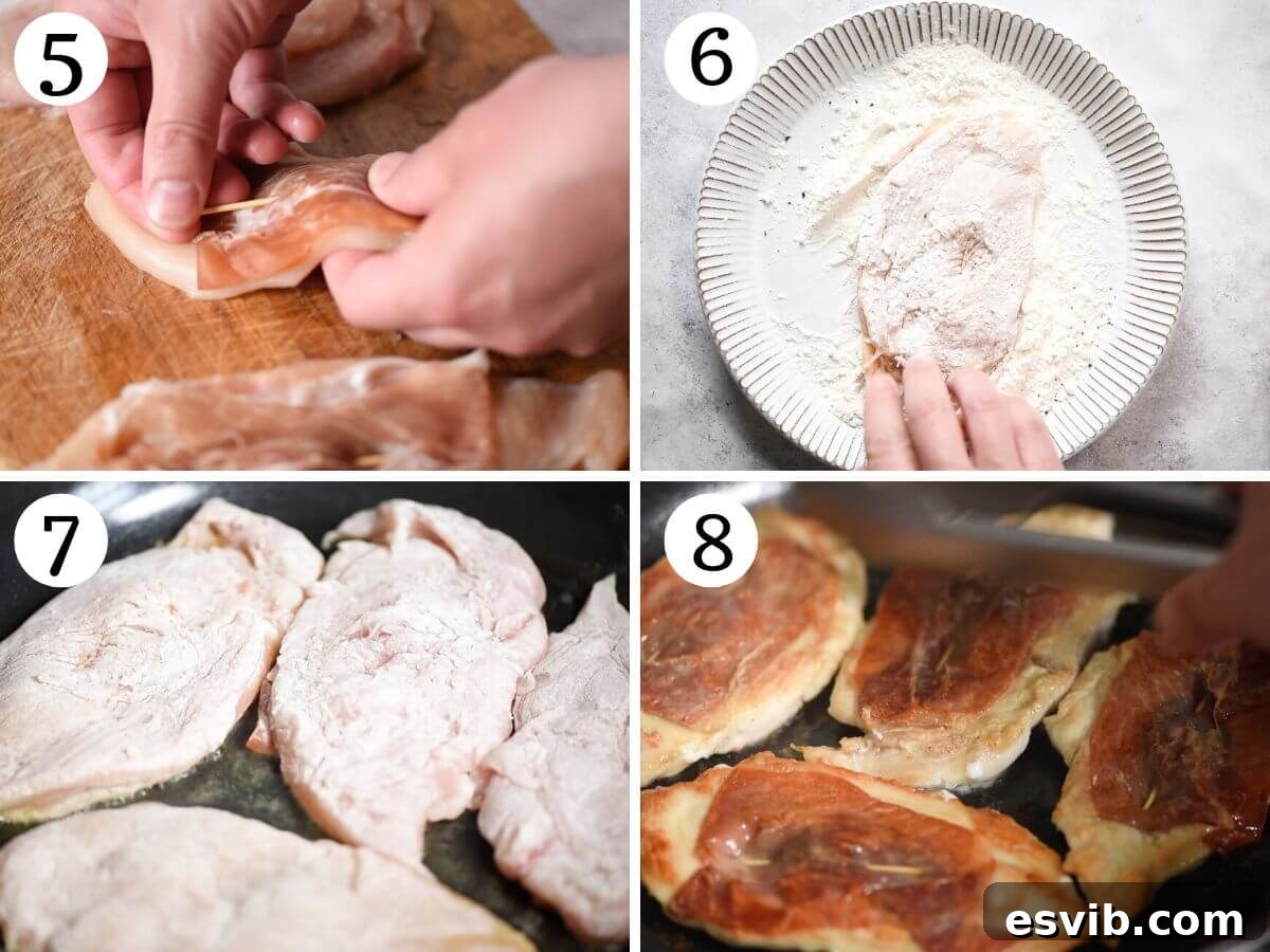 Four photos in a collage showing how to dredge chicken in flour and fry them.