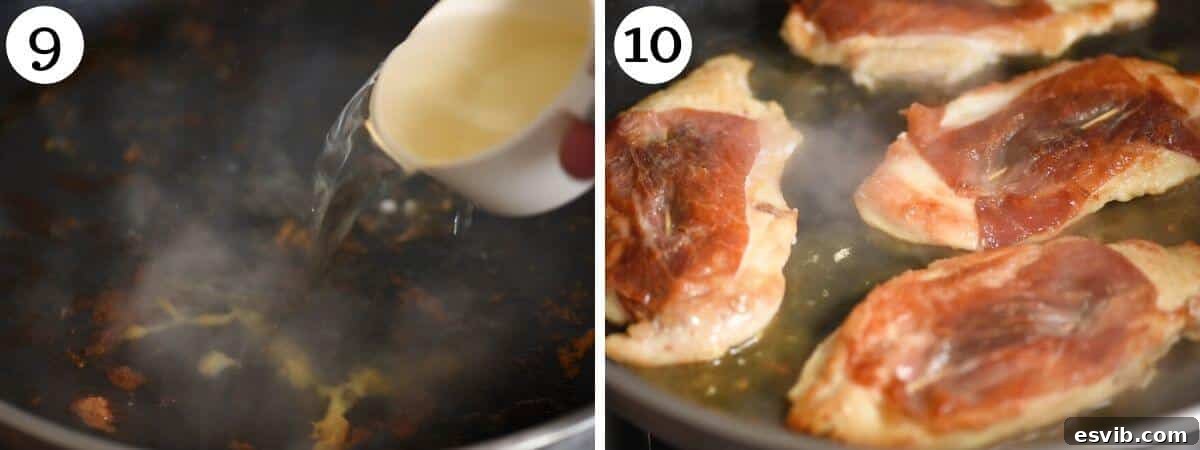 Two photos in a collage showing how to deglaze a pan with white wine and cook saltimbocca.