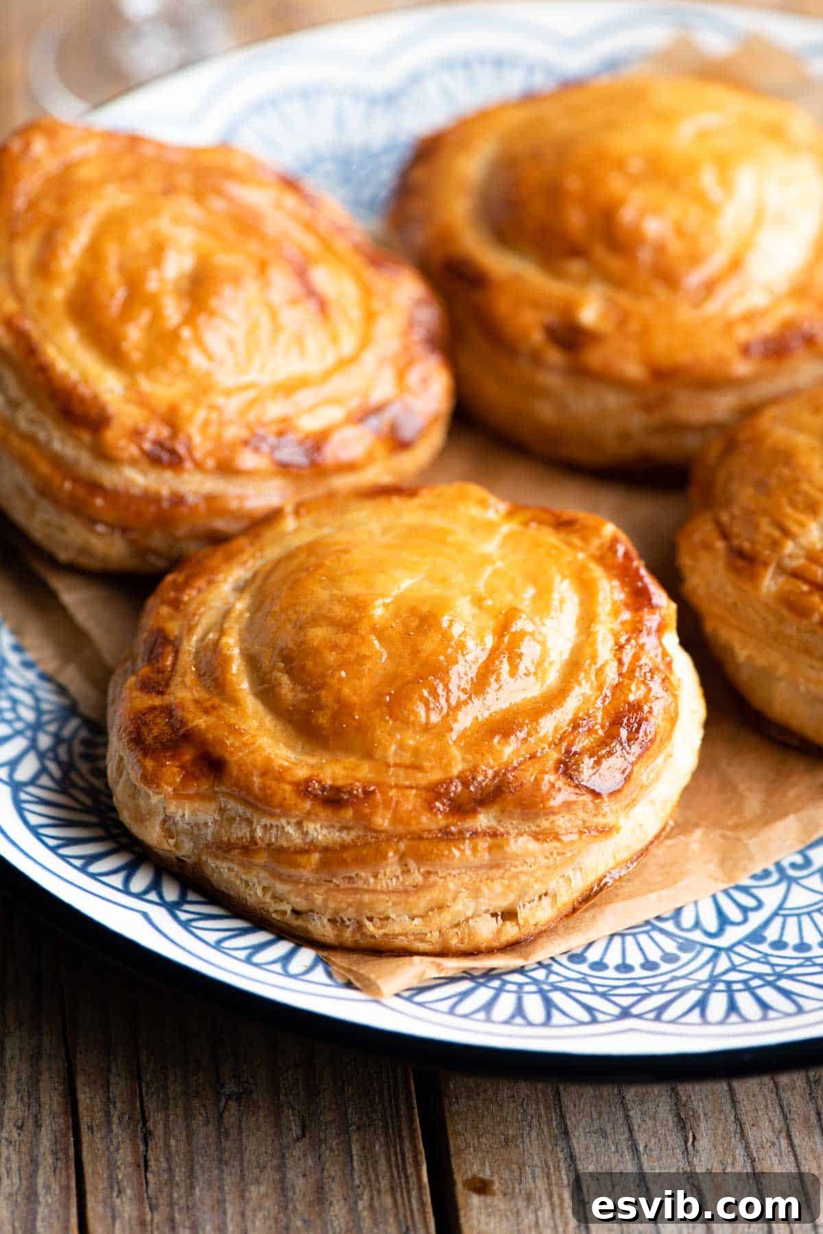 Rustic Lecce Tomato and Mozzarella Pastries 2 Four Rustici Leccesi, golden-brown Italian pastries, elegantly arranged on a rustic blue plate, highlighting their perfect shape and inviting texture.