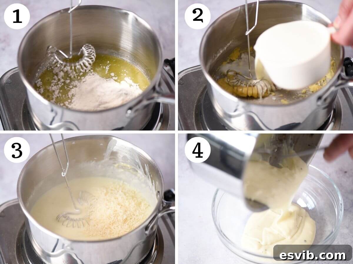 Rustic Lecce Tomato and Mozzarella Pastries 4 A four-photo collage illustrating the process of making the béchamel sauce, from melting butter to achieving a thick, smooth consistency.