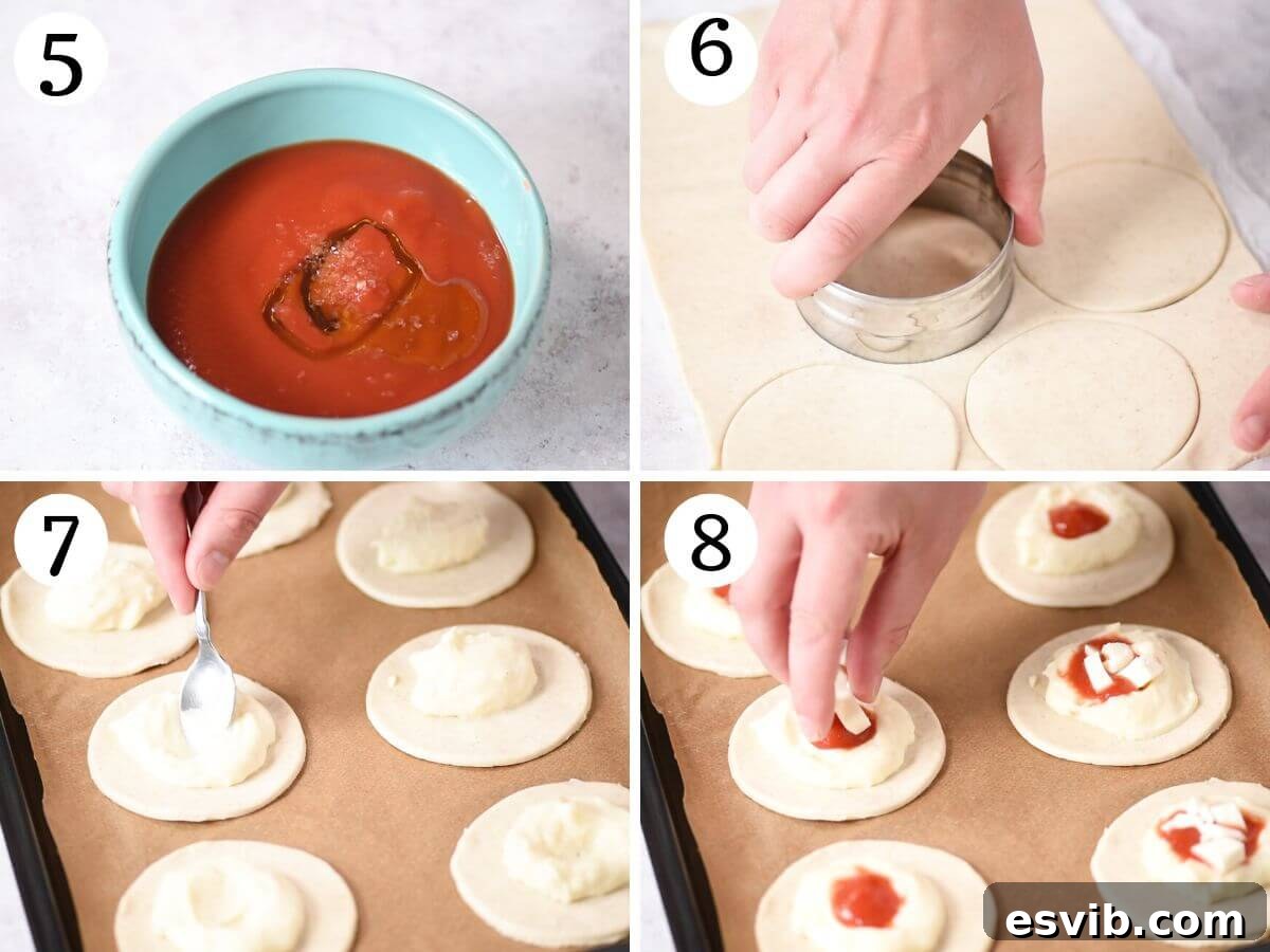 Rustic Lecce Tomato and Mozzarella Pastries 5 A four-photo collage demonstrating the assembly of Rustici Leccesi, showing the puff pastry discs being filled with béchamel, tomato, and mozzarella, and then sealed.