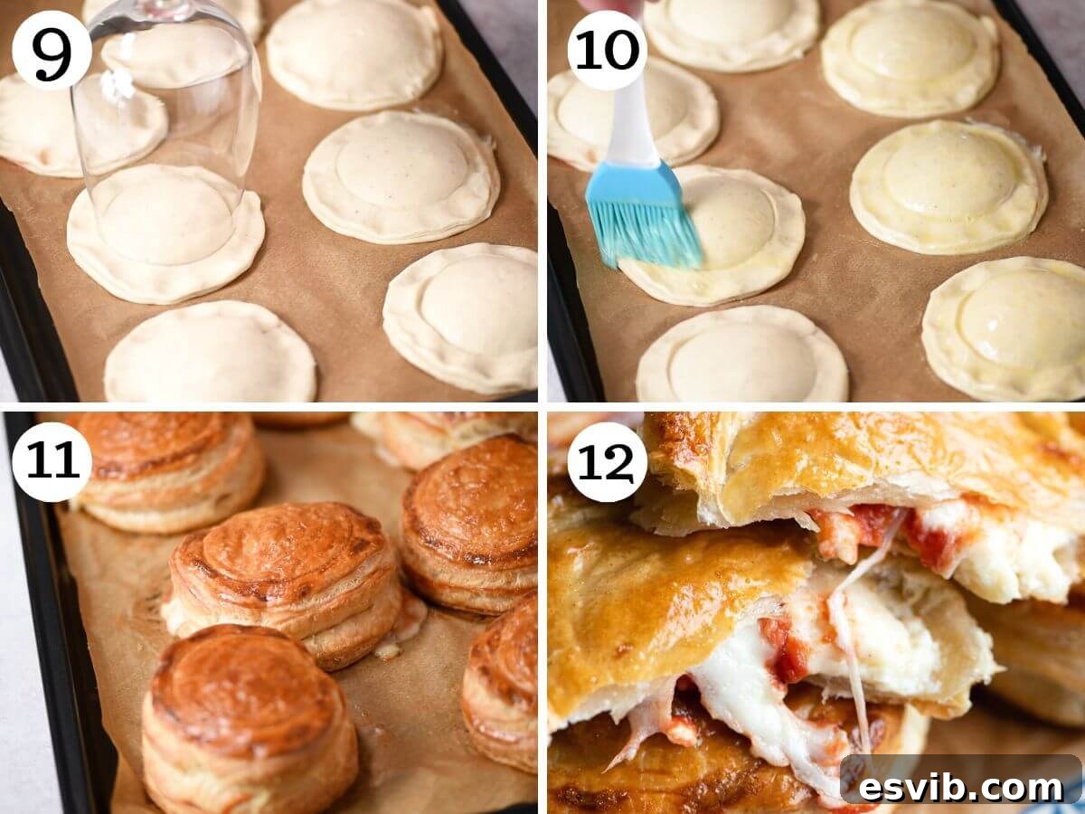 Rustic Lecce Tomato and Mozzarella Pastries 6 A three-photo collage showcasing the Rustici Leccesi before and during baking, culminating in golden-brown, puffed pastries.