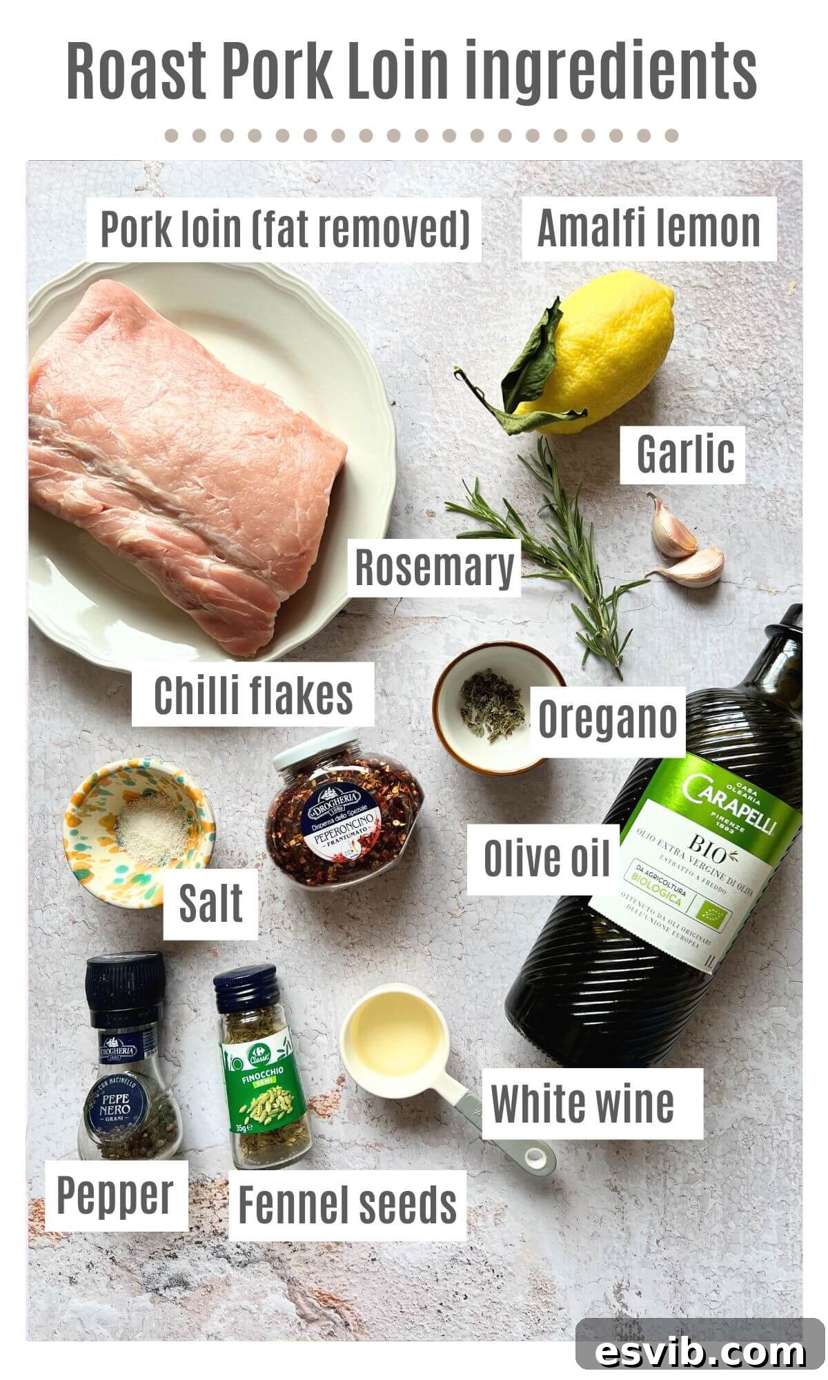 An overhead shot showing all the ingredients needed to make an Italian roast pork loin.