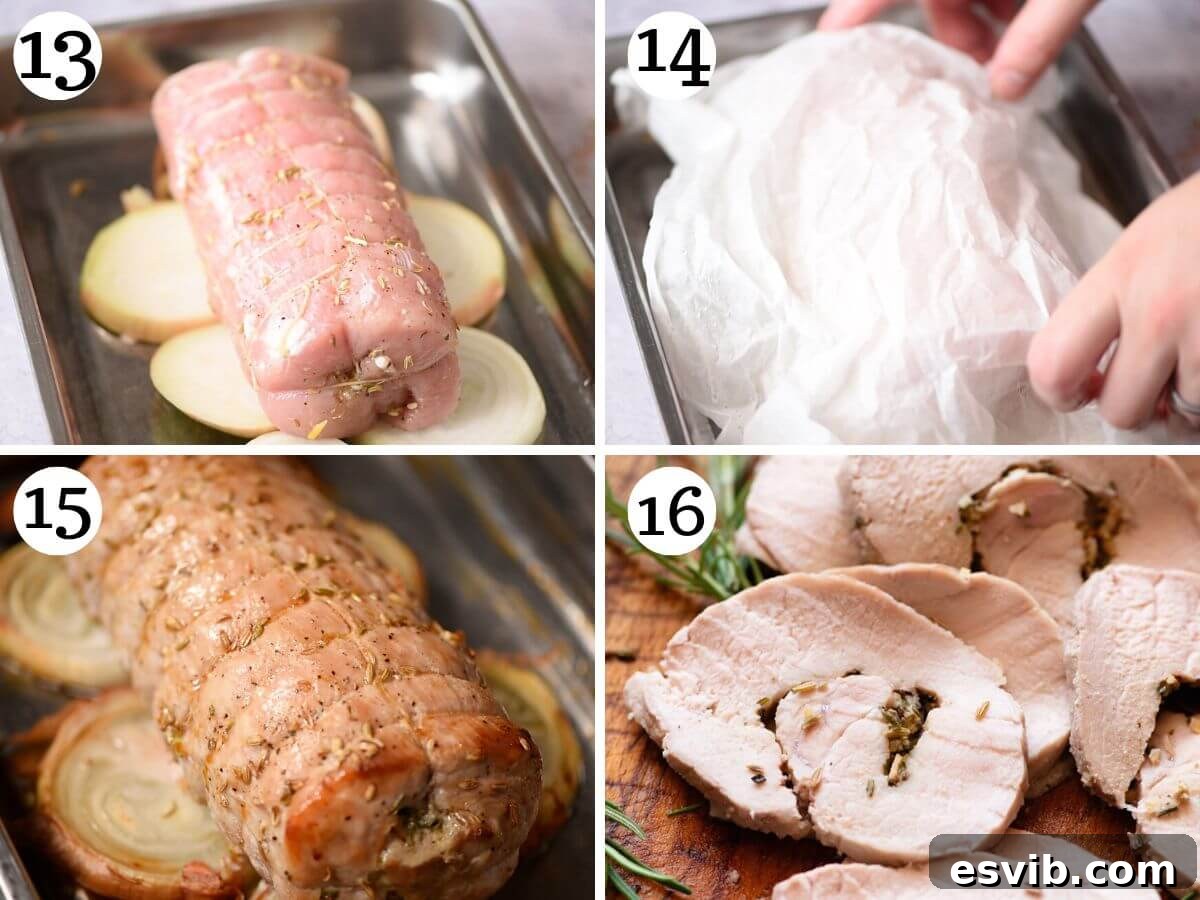 Four photos in a collage showing how to roast a pork loin.