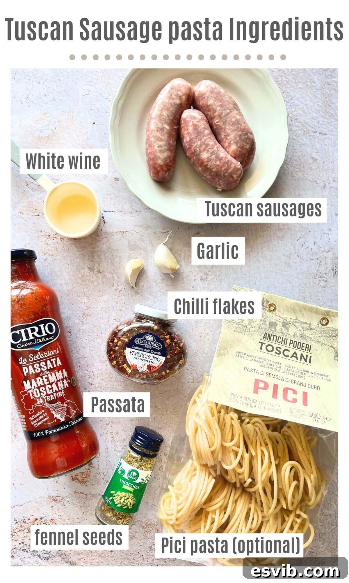 Rustic Tuscan Sausage Pasta 3 An overhead shot of all the ingredients needed to make Tuscan sausage pasta.
