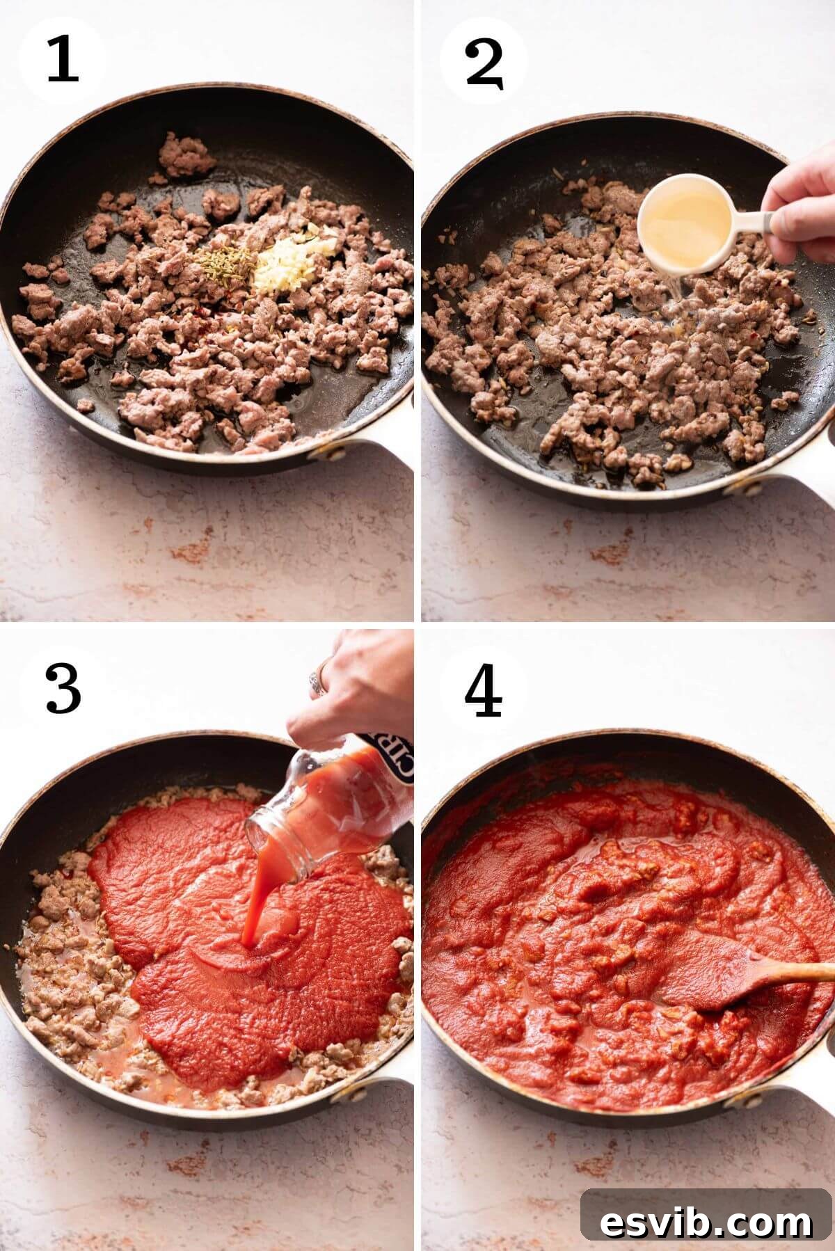 Rustic Tuscan Sausage Pasta 4 Four photos in a collage showing how to make Tuscan sausage pasta from scratch.