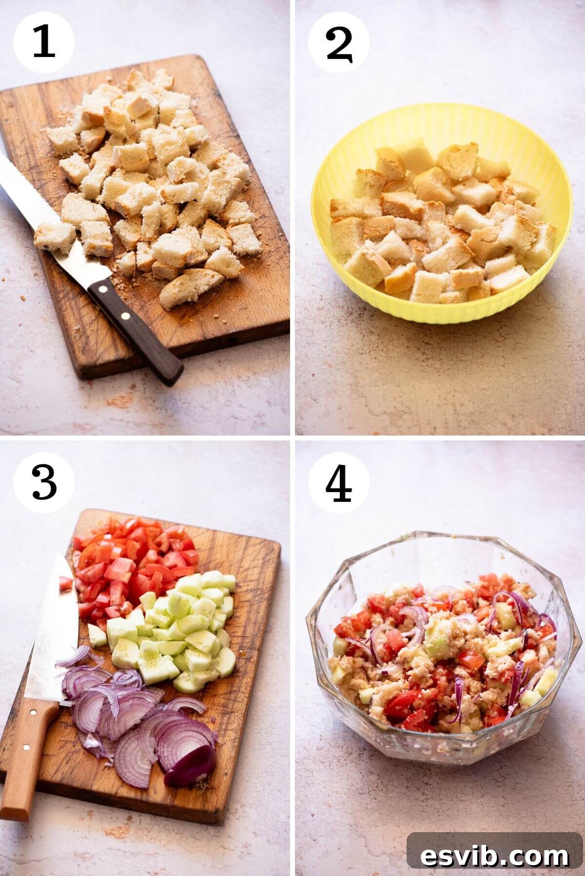 Rustic Tuscan Panzanella 4 Four step-by-step photos illustrating the process of making a Tuscan Panzanella salad, from soaking bread to combining ingredients.