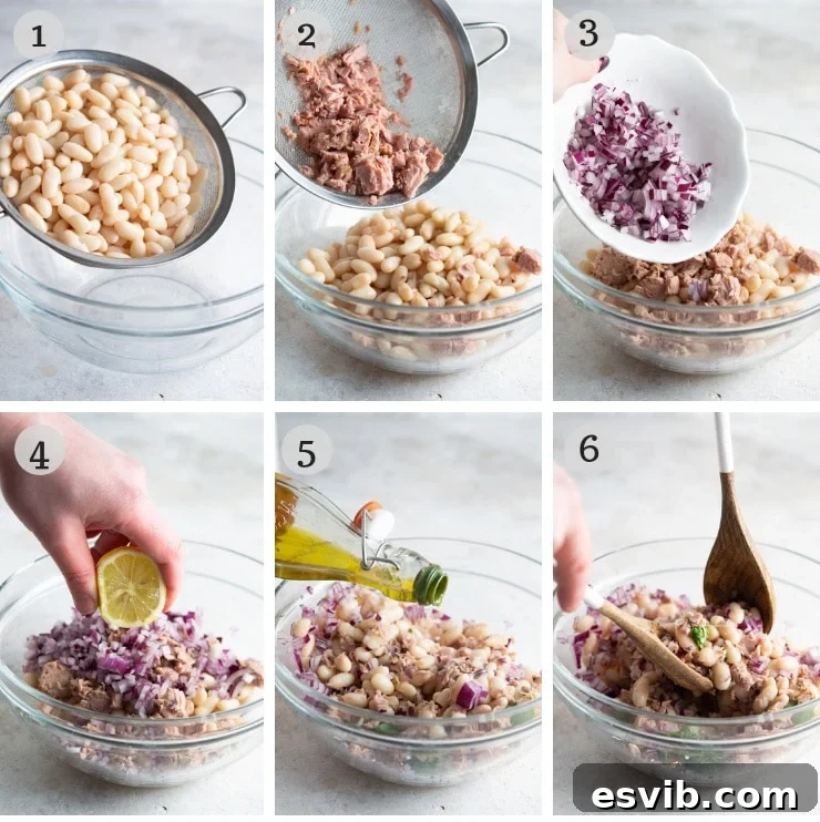 Step by step photos for making a white bean salad with tuna, showing ingredients being combined in a bowl.