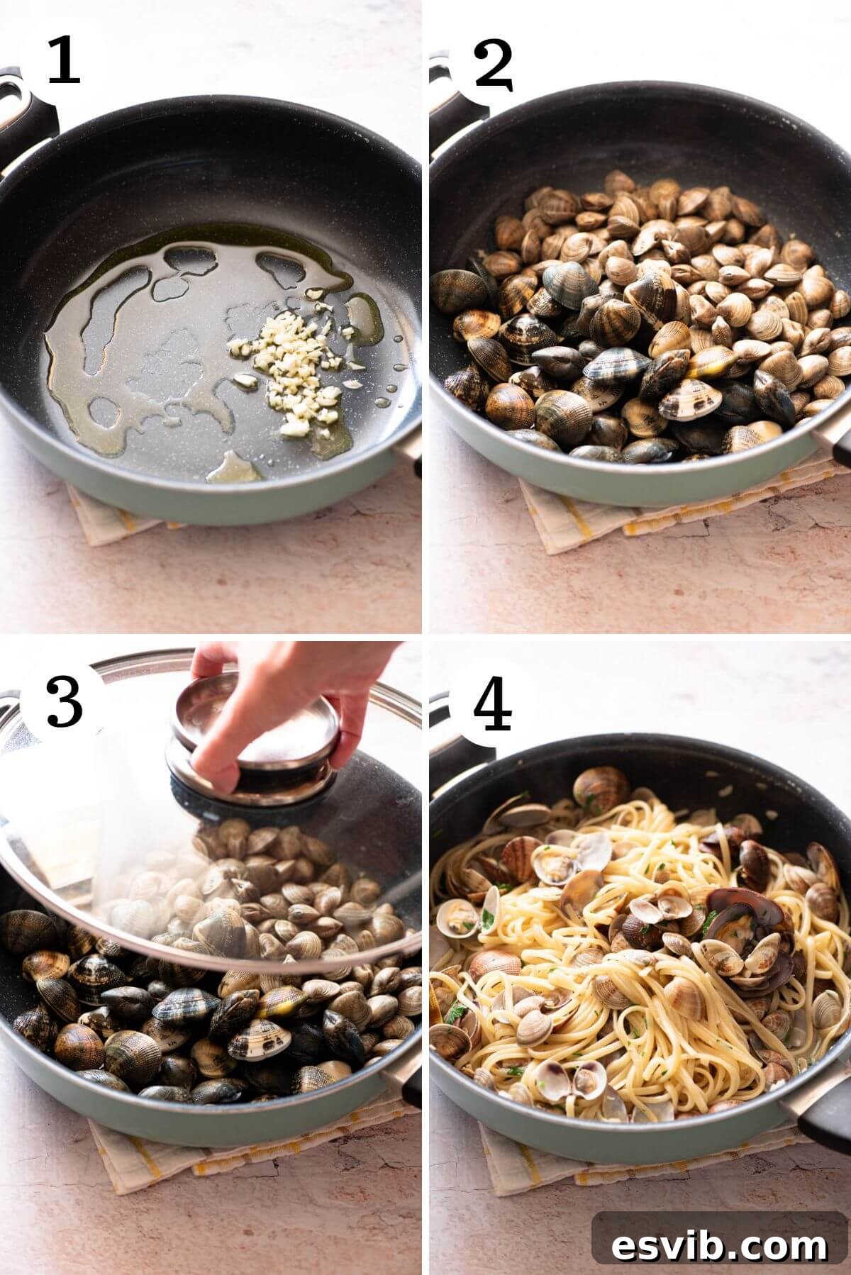 A four-photo collage demonstrating the cooking process of Linguine alle Vongole, from sautéing garlic to steaming clams and finally combining with pasta.