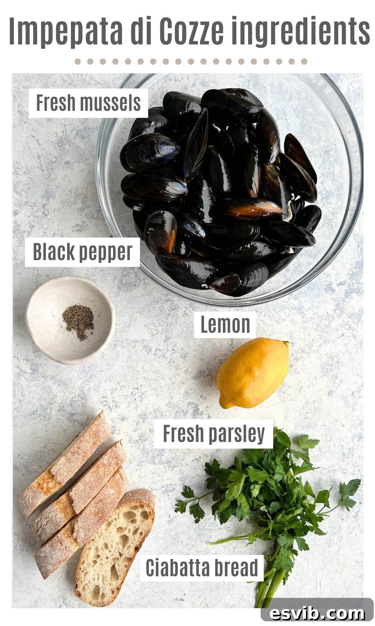 An overhead shot displaying all the essential ingredients laid out for making the authentic Impepata di Cozze (mussels with pepper): fresh mussels, black pepper, fresh parsley, and lemon wedges.