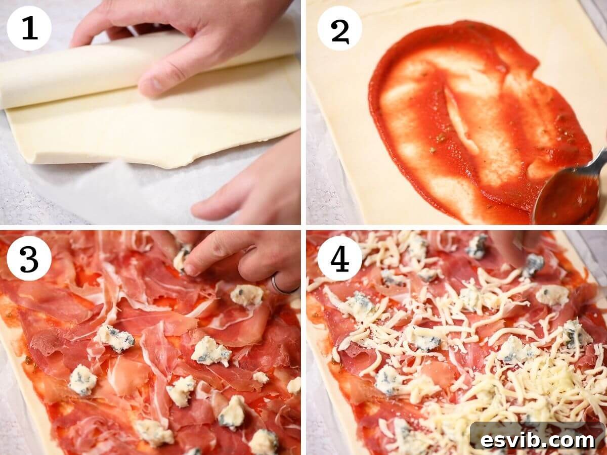 A four-photo collage illustrating the assembly of Pizza Pinwheels: 1. Spreading tomato passata on puff pastry. 2. Laying prosciutto slices. 3. Adding crumbled Gorgonzola cheese. 4. Topping with grated mozzarella.