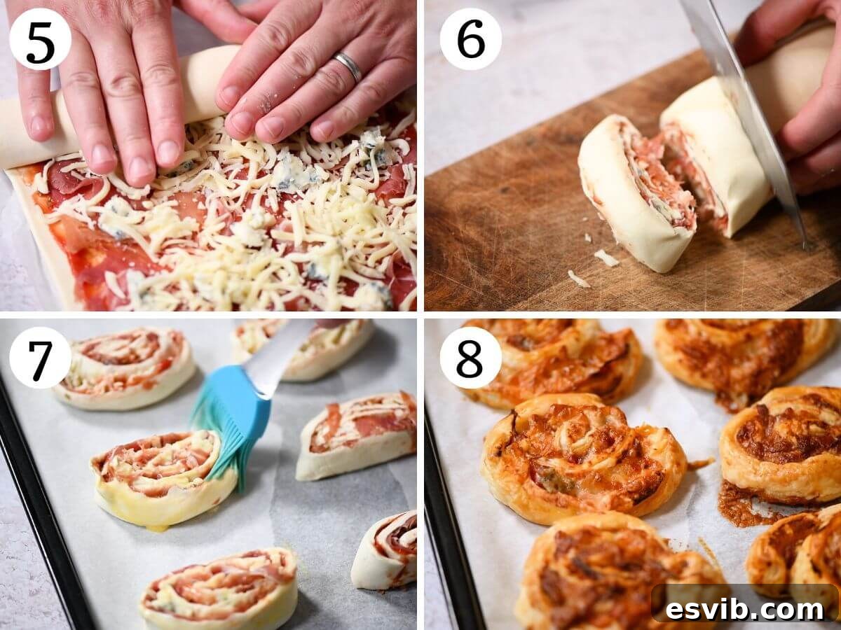 A four-photo collage demonstrating the final steps for baking pizza pinwheels: 5. Rolling the pastry into a log. 6. Slicing the log into individual pinwheels. 7. Arranging pinwheels on a baking sheet. 8. Brushing with egg wash and baking until golden.