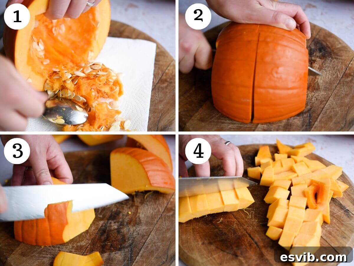 Four photos in a collage showing how to prepare and cut a pumpkin.