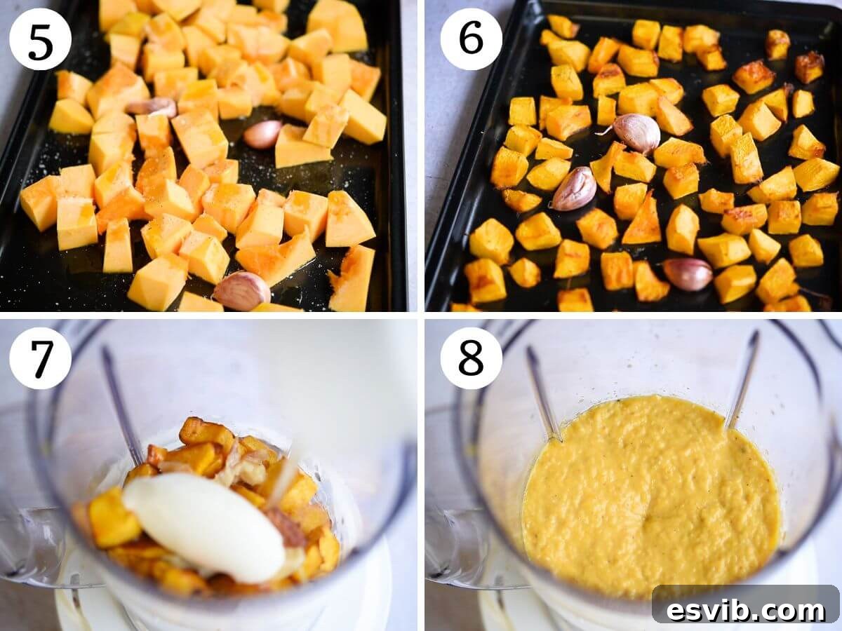 Four photos in a collage showing how to roast pumpkin and make pumpkin puree for risotto.