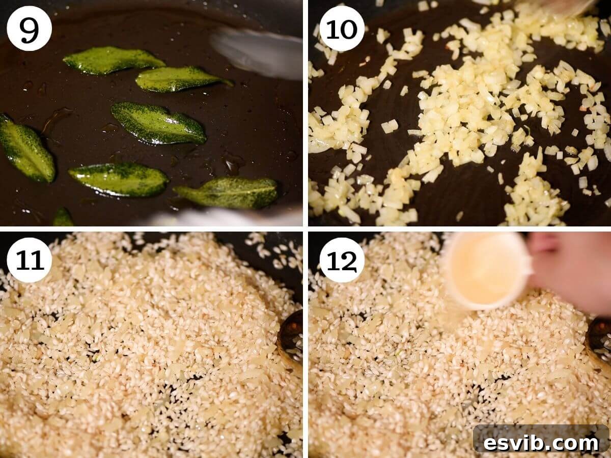 Four photos in a collage showing how to make crispy sage leaves and risotto.