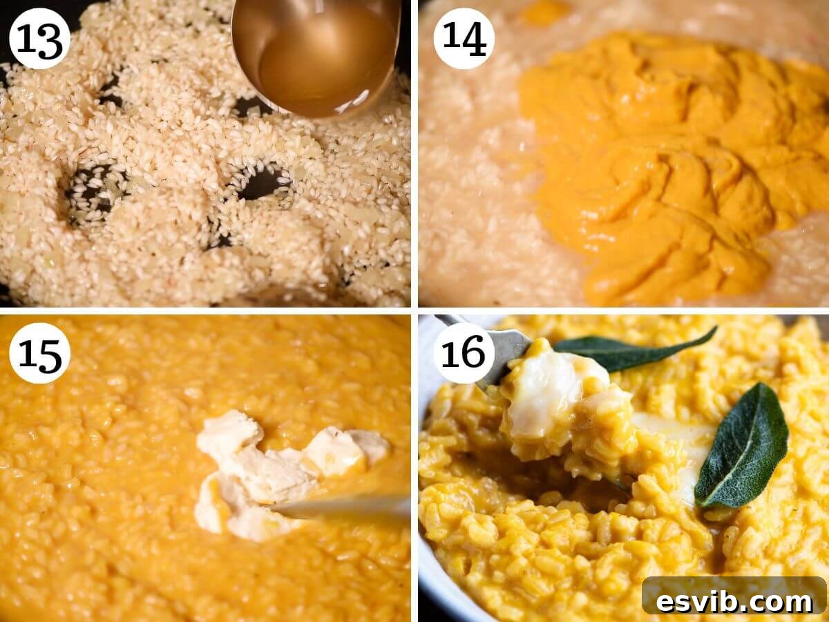 Four photos in a collage showing how to make pumpkin risotto with roasted pumpkin puree.