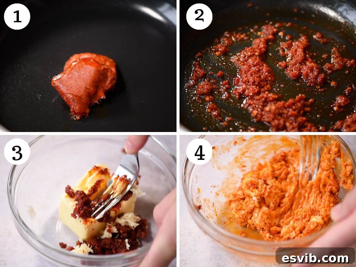 Seared Scallops with Fiery Nduja Garlic Butter 4 A four-photo collage illustrating the step-by-step process of preparing the spicy 'Nduja garlic butter: frying the 'Nduja, mixing it with butter and garlic, and shaping the mixture.
