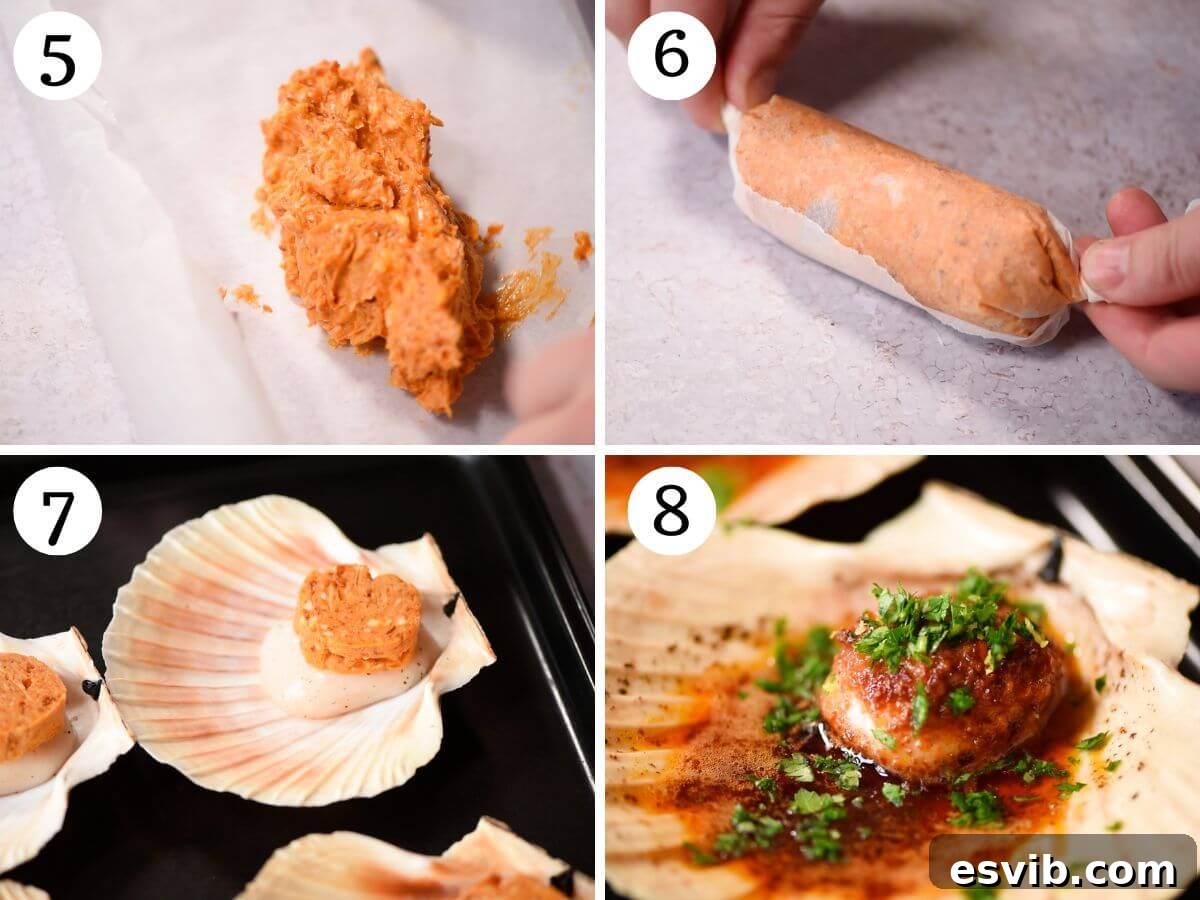 Seared Scallops with Fiery Nduja Garlic Butter 5 A four-photo collage demonstrating the cooking process for scallops with 'Nduja garlic butter: prepping scallops, placing butter on them in shells, broiling, and garnishing.