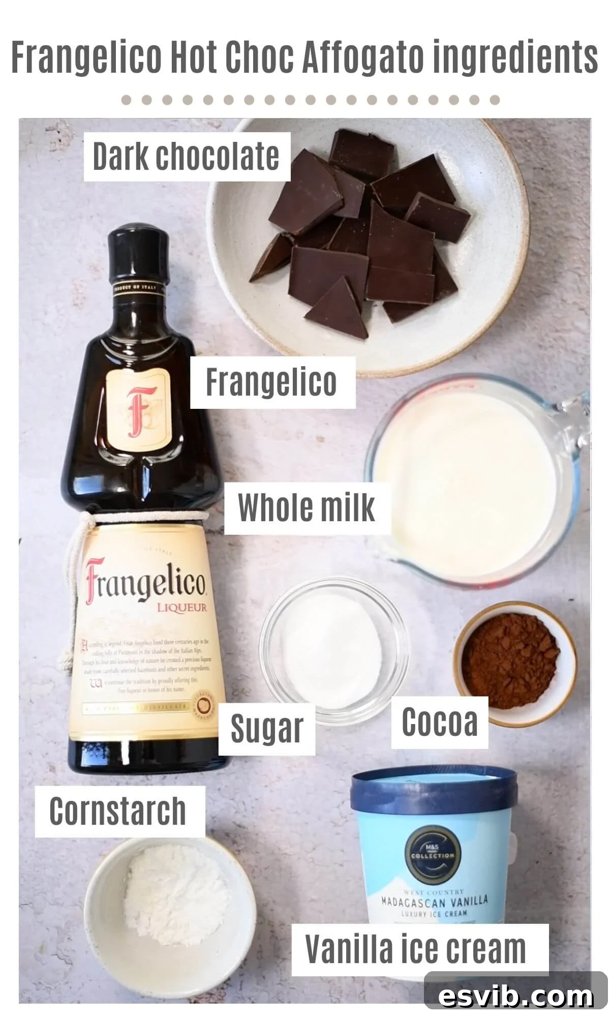 Decadent Frangelico Hot Chocolate Affogato 3 An overhead shot showcasing all the essential ingredients for making a Frangelico Hot Chocolate Affogato, including dark chocolate, milk, cocoa powder, sugar, cornstarch, Frangelico, salt, and vanilla ice cream, neatly arranged.