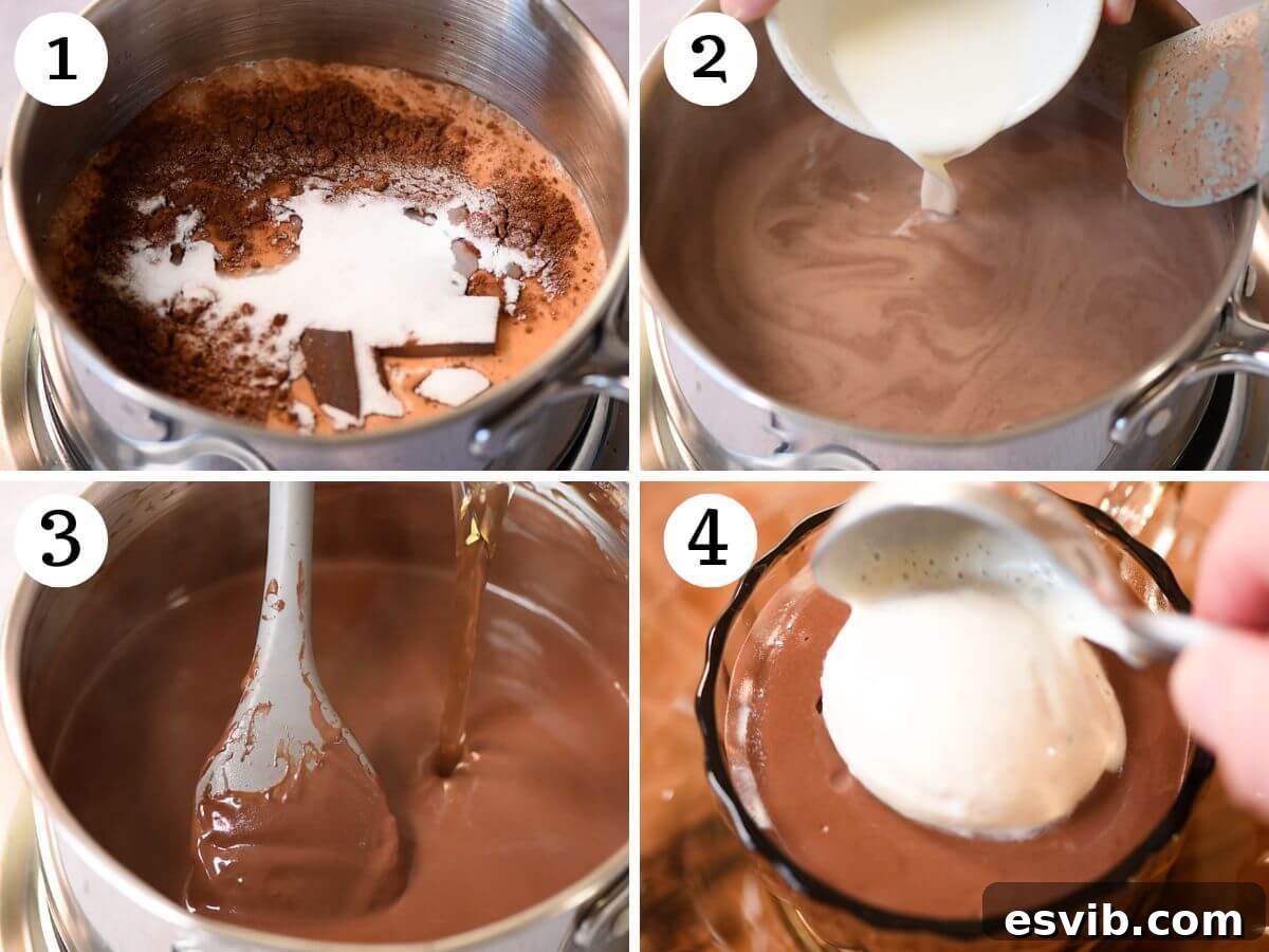 Decadent Frangelico Hot Chocolate Affogato 4 A four-panel photo collage illustrating the process of making Frangelico Hot Chocolate Affogato: 1) Melting chocolate and milk, 2) Thickening with cornstarch slurry, 3) Stirring in Frangelico liqueur, and 4) Serving with vanilla ice cream.