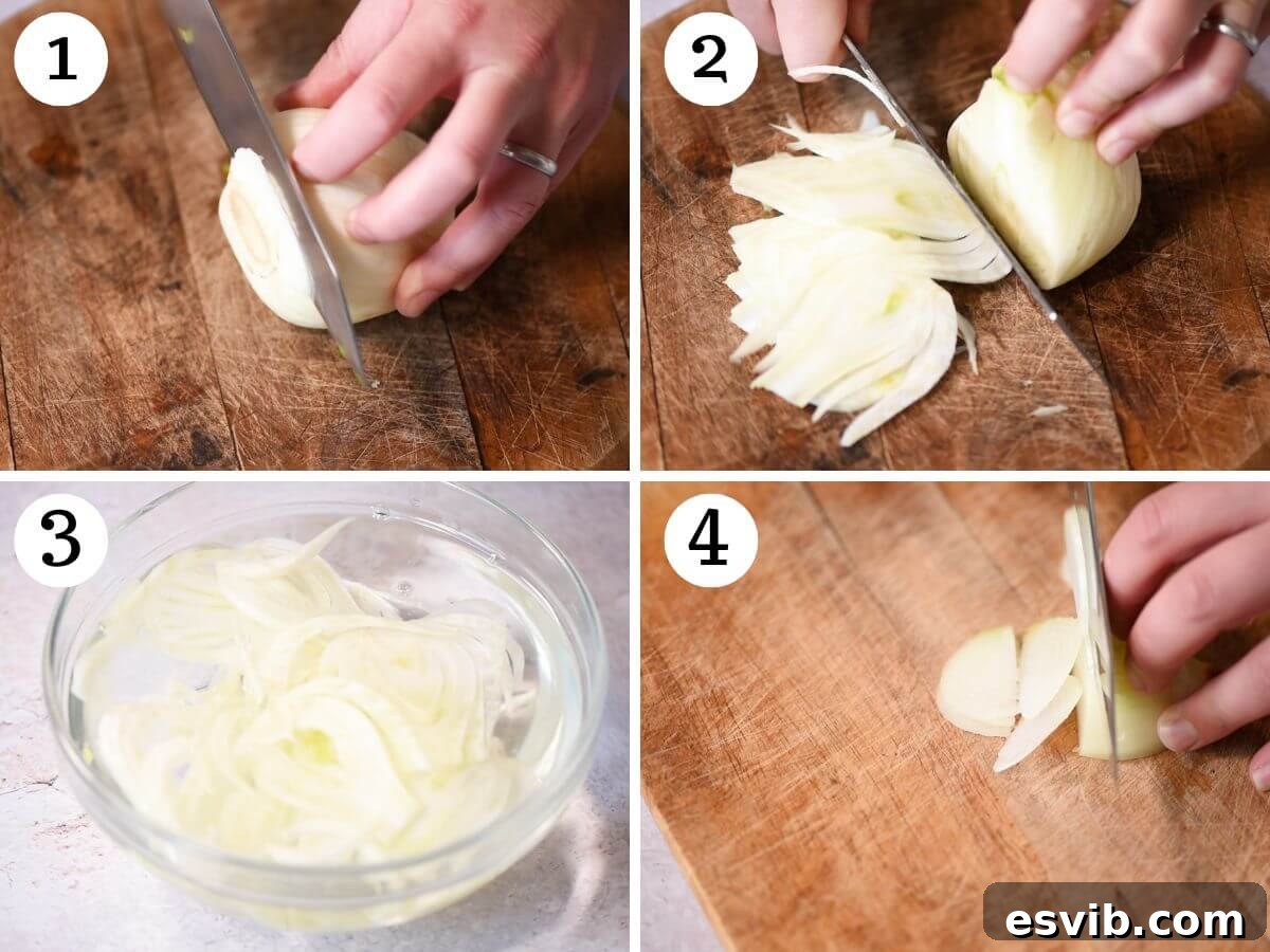Sicilian Sunshine Salad 4 A collage of four photos demonstrating how to properly cut and thinly slice fresh fennel and white onion for the salad.