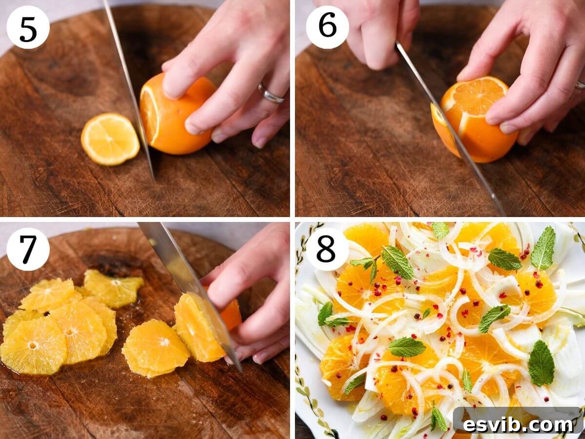 Sicilian Sunshine Salad 5 A four-photo collage illustrating the steps to peel and slice oranges, followed by the assembly process of a fennel and orange salad.