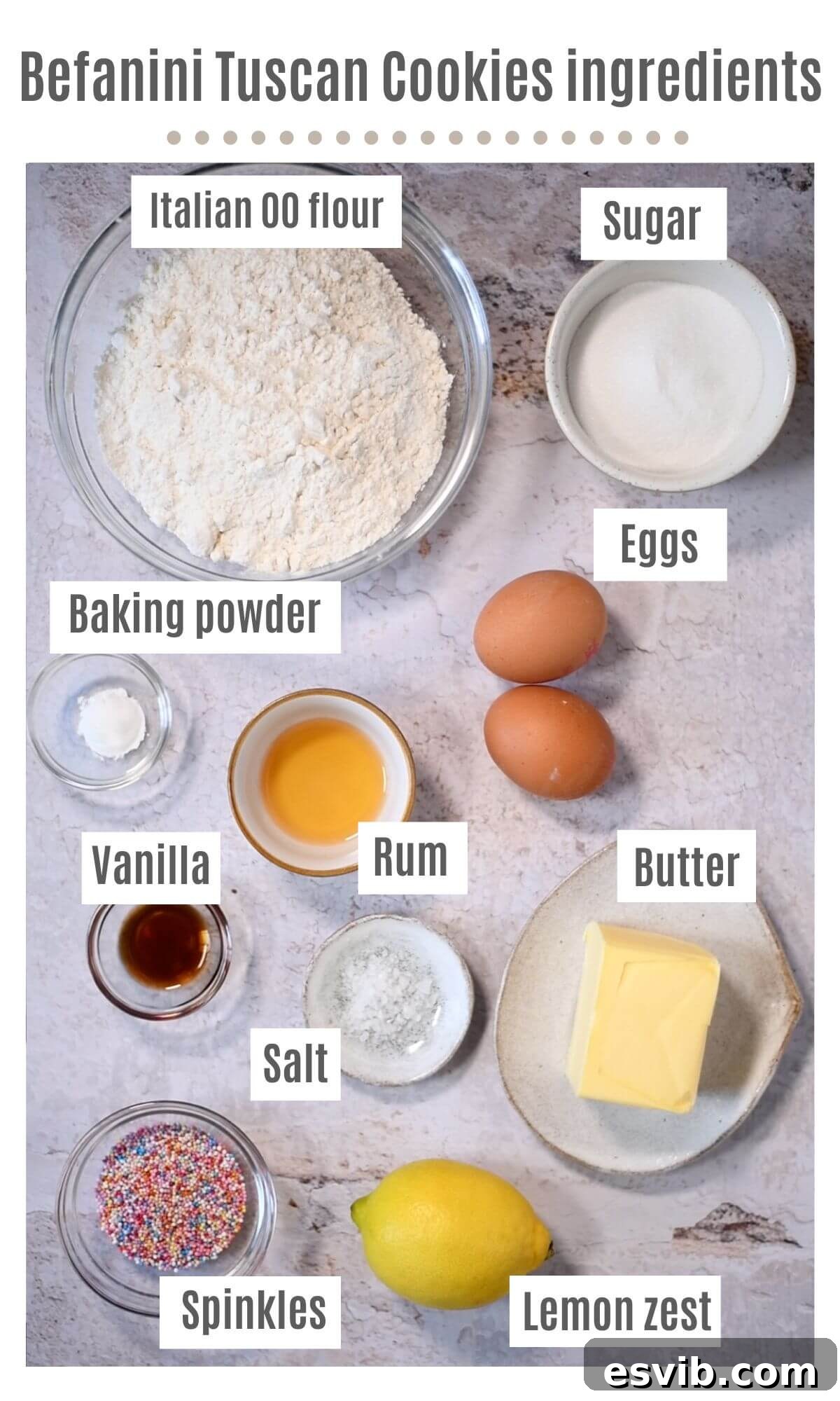 An overhead shot of all the ingredients needed to make Befanini cookies, laid out neatly for preparation.