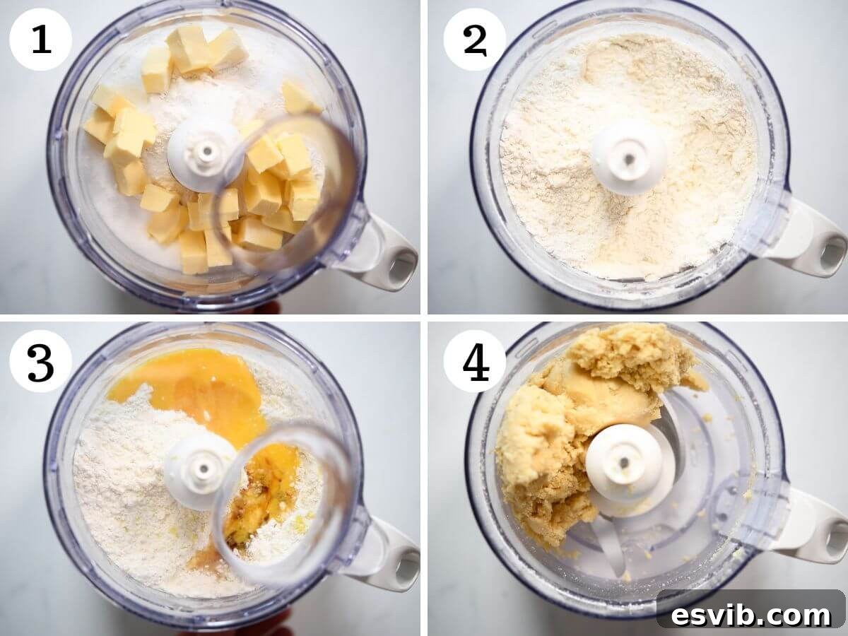 Four photos in a collage showing how to make Befanini cookie dough in a food processor, from dry ingredients to forming a dough.