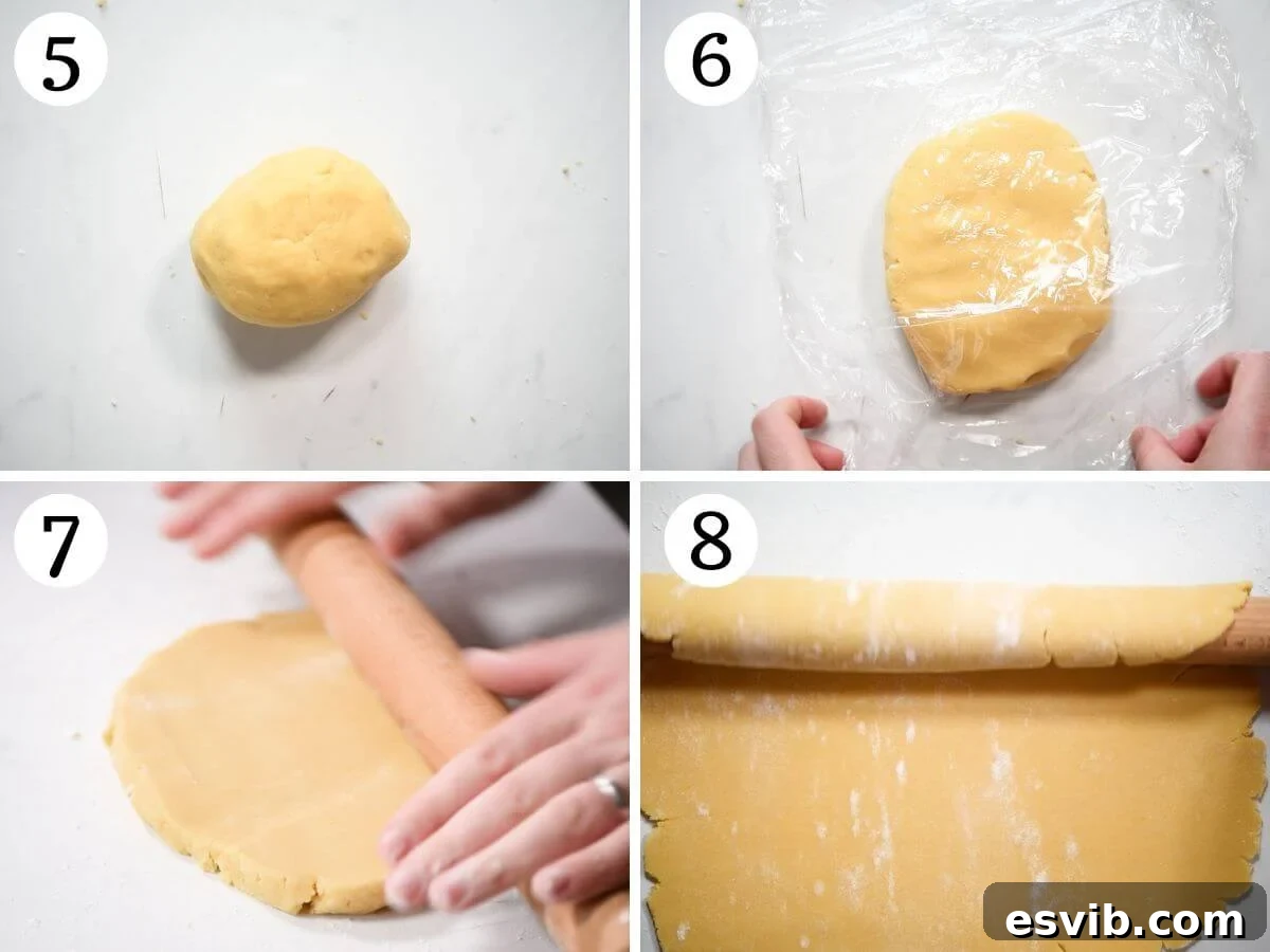 Four photos in a collage showing how to roll out cookie dough, from chilled dough to a flattened sheet ready for cutting.