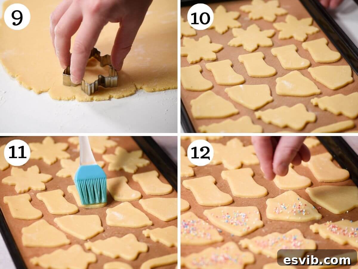 Four photos in a collage showing how to cut out and bake Befanini cookies, illustrating cookie cutting and placement on a baking sheet.