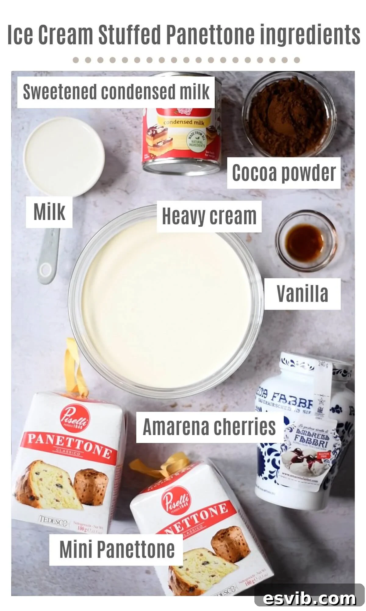An overhead shot of all the key ingredients neatly laid out for making ice cream stuffed mini Panettone, including mini panettones, cream, condensed milk, cocoa, and cherries.
