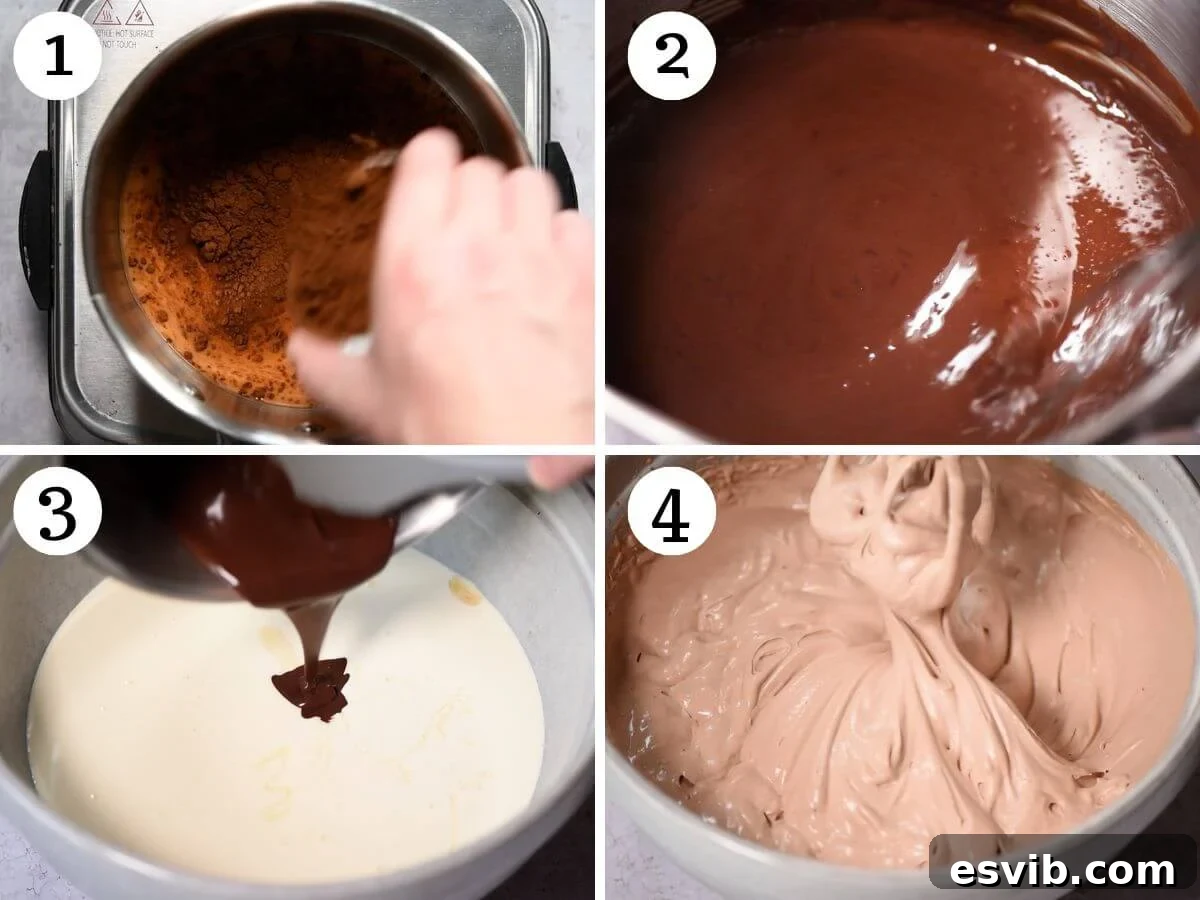 Four photos in a collage illustrating the process of making cherry and chocolate no-churn ice cream, from heating cocoa and milk to whipping the creamy base.