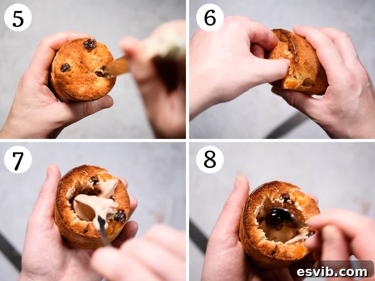 Four photos in a collage illustrating the process of hollowing out mini Panettones, stuffing them with layers of ice cream and cherries, sealing, and wrapping.