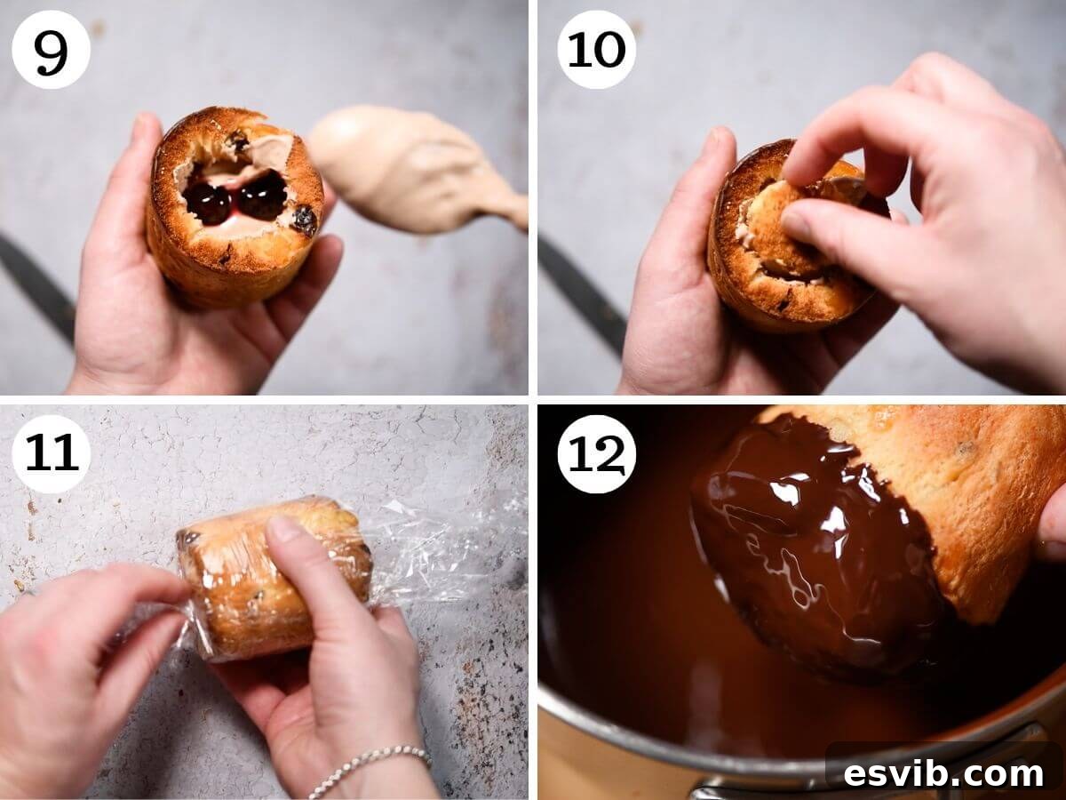 Four photos in a collage showing the final steps of stuffing, freezing, and beautifully decorating mini Panettones with chocolate and sprinkles.