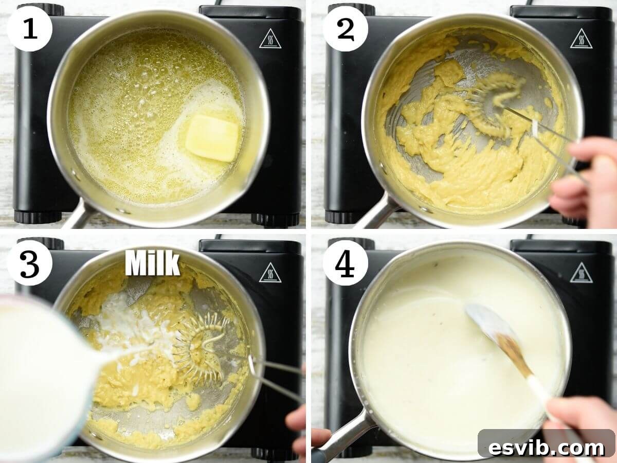 Classic Italian Béchamel Sauce 4 Four photos in a collage demonstrating the initial steps of making Italian Bechamel Sauce (Besciamella): melting butter, adding flour to create a roux, and cooking it until a paste forms.