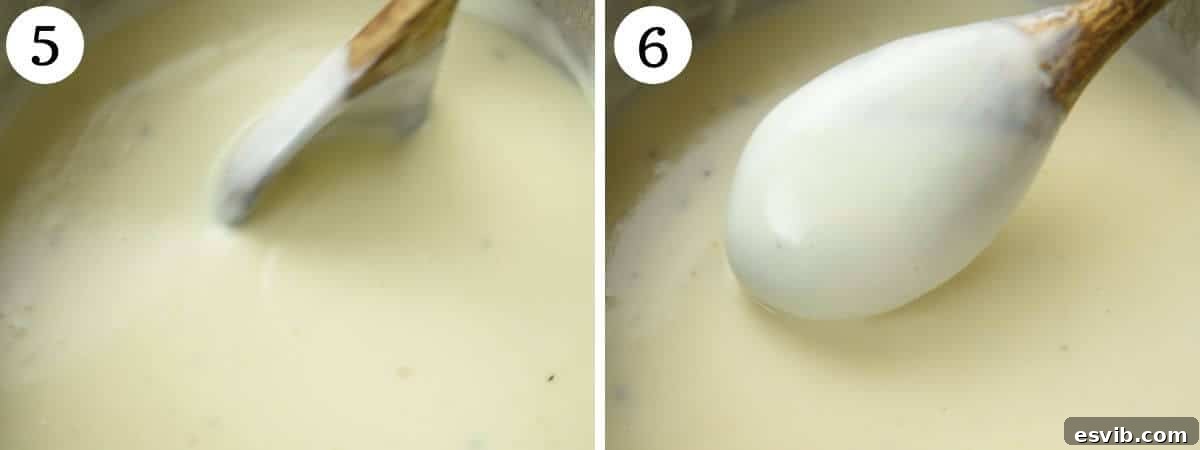 Classic Italian Béchamel Sauce 5 Two photos in a collage showing the thickening consistency of Italian Bechamel Sauce as milk is added and whisked.