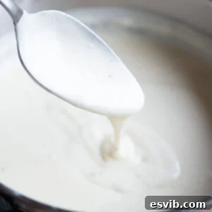 A close up of a Italian Bechamel Sauce (Besciamella) on a spoon in a pot.