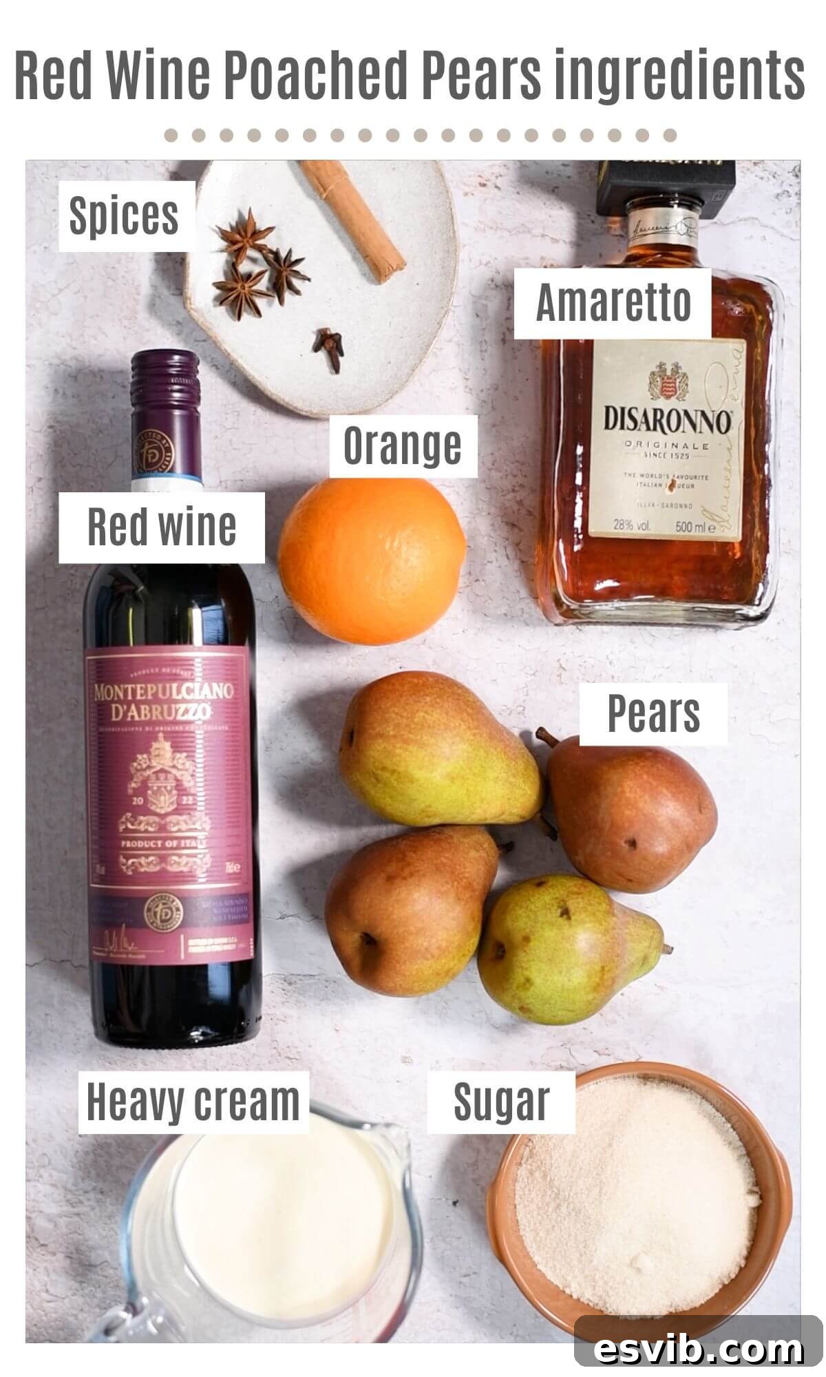 Collection of Ingredients for Amaretto Red Wine Poached Pears An inviting overhead shot displaying all the fresh, vibrant ingredients necessary to prepare red wine poached pears, including an assortment of firm pears, a bottle of red wine, Amaretto liqueur, whole spices like cinnamon and star anise, and fresh oranges.