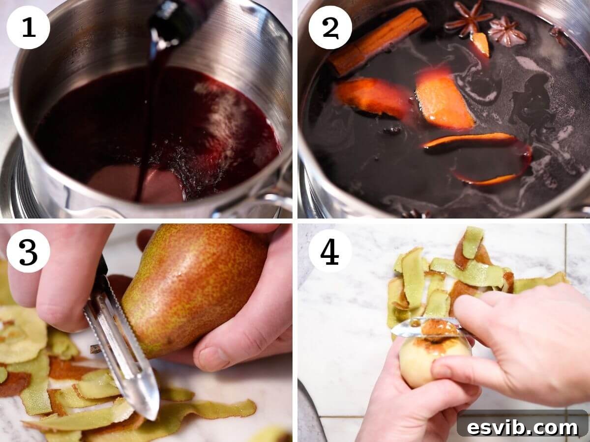 Preparing the Poaching Liquid and Peeling Pears A four-photo collage illustrating the initial preparation: first, combining red wine, Amaretto, sugar, orange peel, and whole spices in a saucepan; then, carefully peeling the firm pears.
