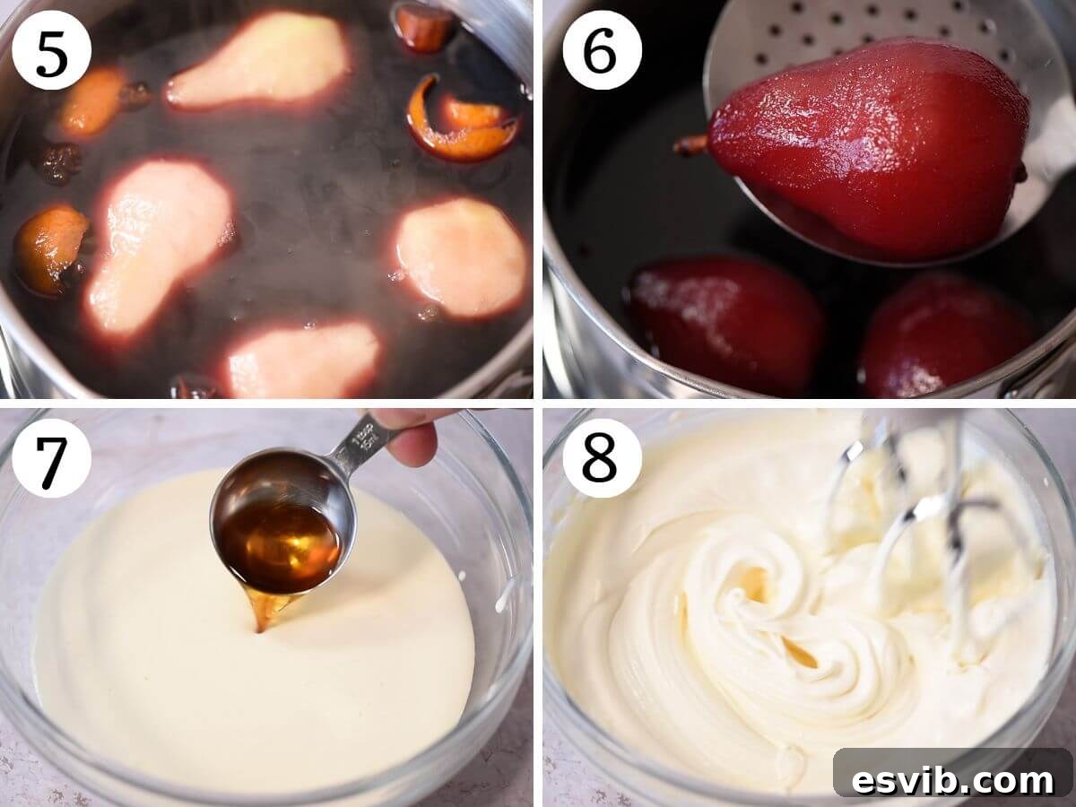 Poaching Pears and Preparing Amaretto Whipped Cream A four-photo collage demonstrating the poaching process and the preparation of Amaretto whipped cream: pears simmering in spiced red wine, followed by images of whipping cream with Amaretto to soft peaks.