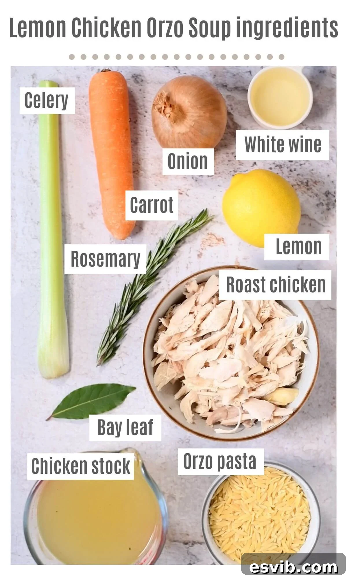 An aesthetic overhead flat lay of all the fresh, high-quality ingredients meticulously arranged on a rustic wooden board, ready to be transformed into a delicious lemon chicken orzo soup.