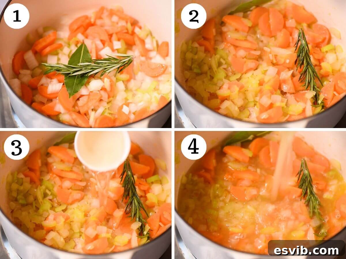 A four-photo collage illustrating the initial steps of making lemon chicken orzo soup: dicing vegetables, sautéing onions, carrots, and celery with herbs, adding white wine, and finally adding chicken stock to simmer.