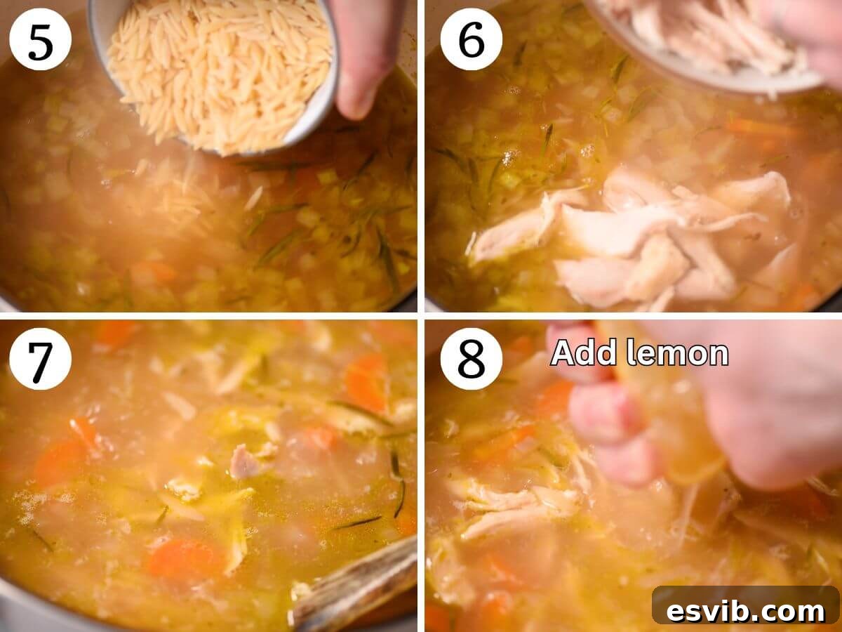 A four-photo collage demonstrating the final stages of cooking lemon chicken orzo soup: simmering the broth, adding shredded chicken, stirring in orzo pasta, and finishing with fresh lemon juice and seasoning.