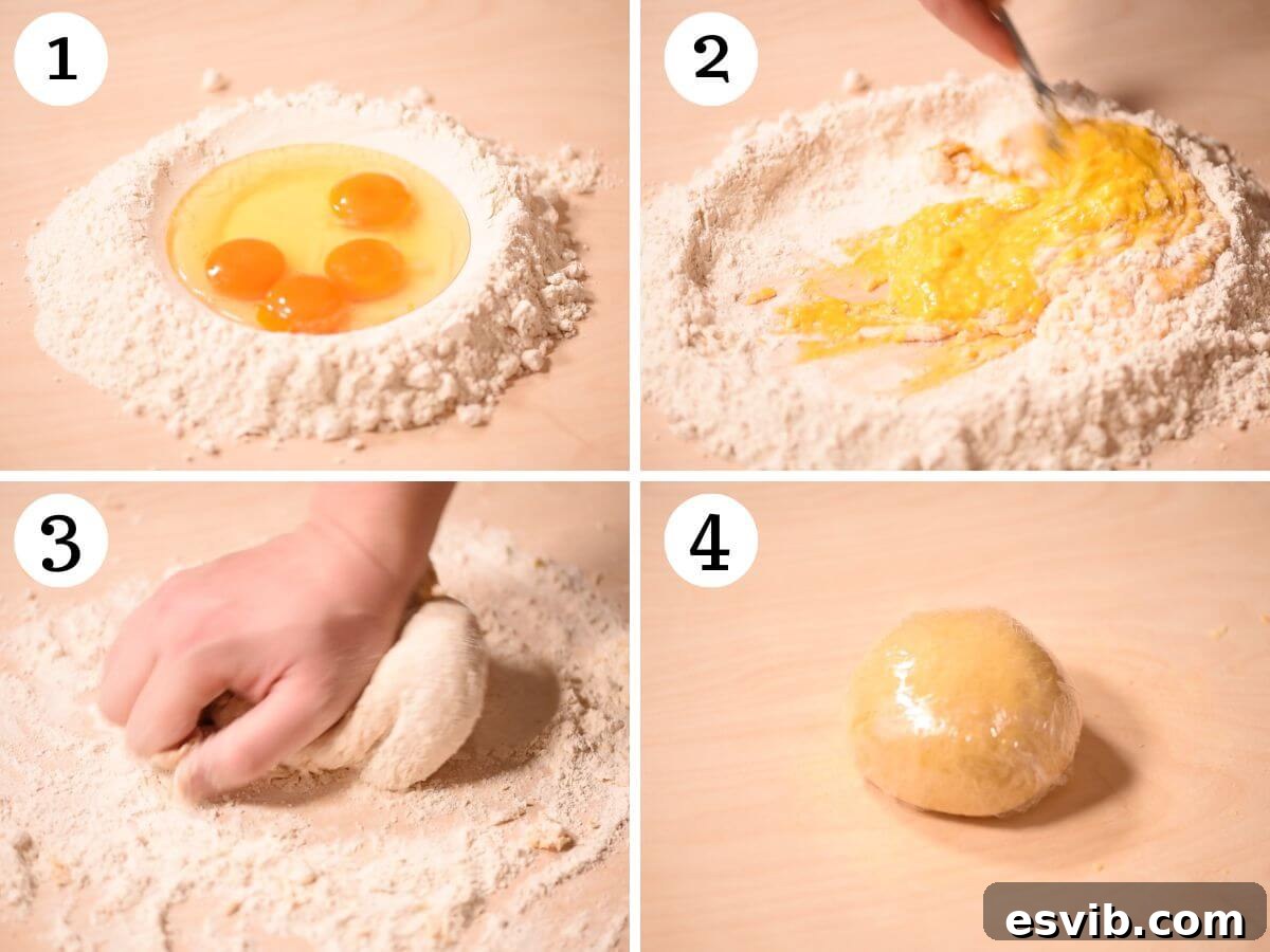 A four-photo collage illustrating the essential steps of preparing perfect homemade pasta dough, from forming the flour well to the final kneaded ball.