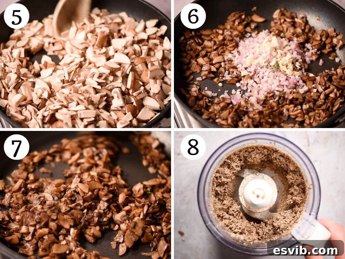A four-photo collage demonstrating the stages of preparing the savory mushroom and Taleggio cheese filling for pasta.