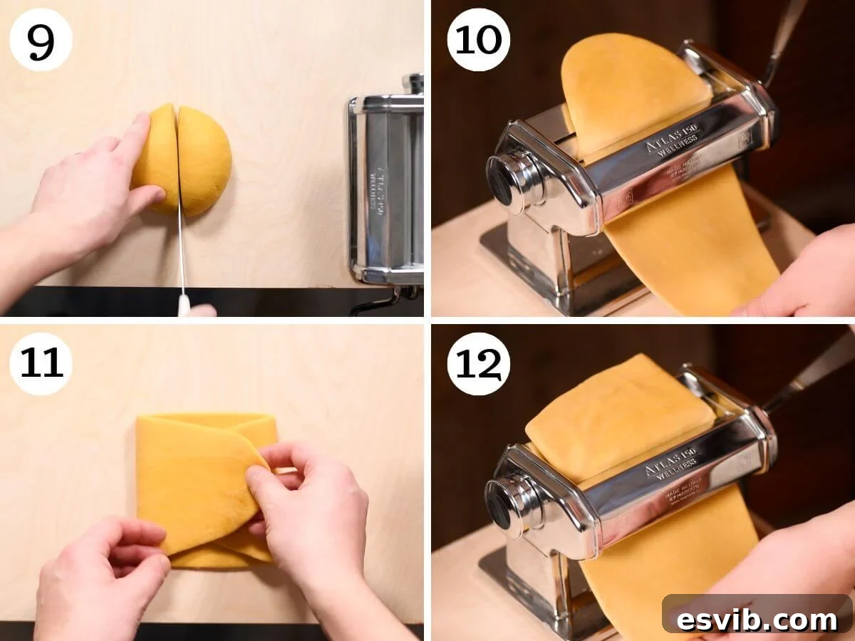 A four-photo collage demonstrating the technique of rolling out fresh pasta dough using a manual pasta machine, from initial flattening to multiple passes.